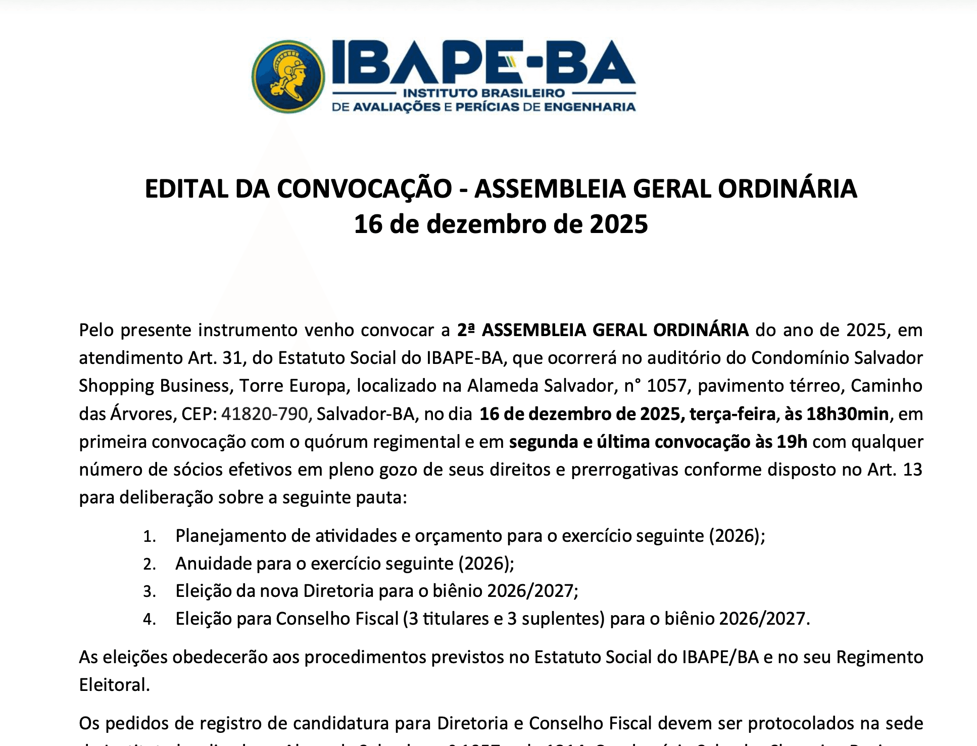 EDITAL DA CONVOCAÇÃO – ASSEMBLEIA GERAL ORDINÁRIA – 16 de dezembro de 2025